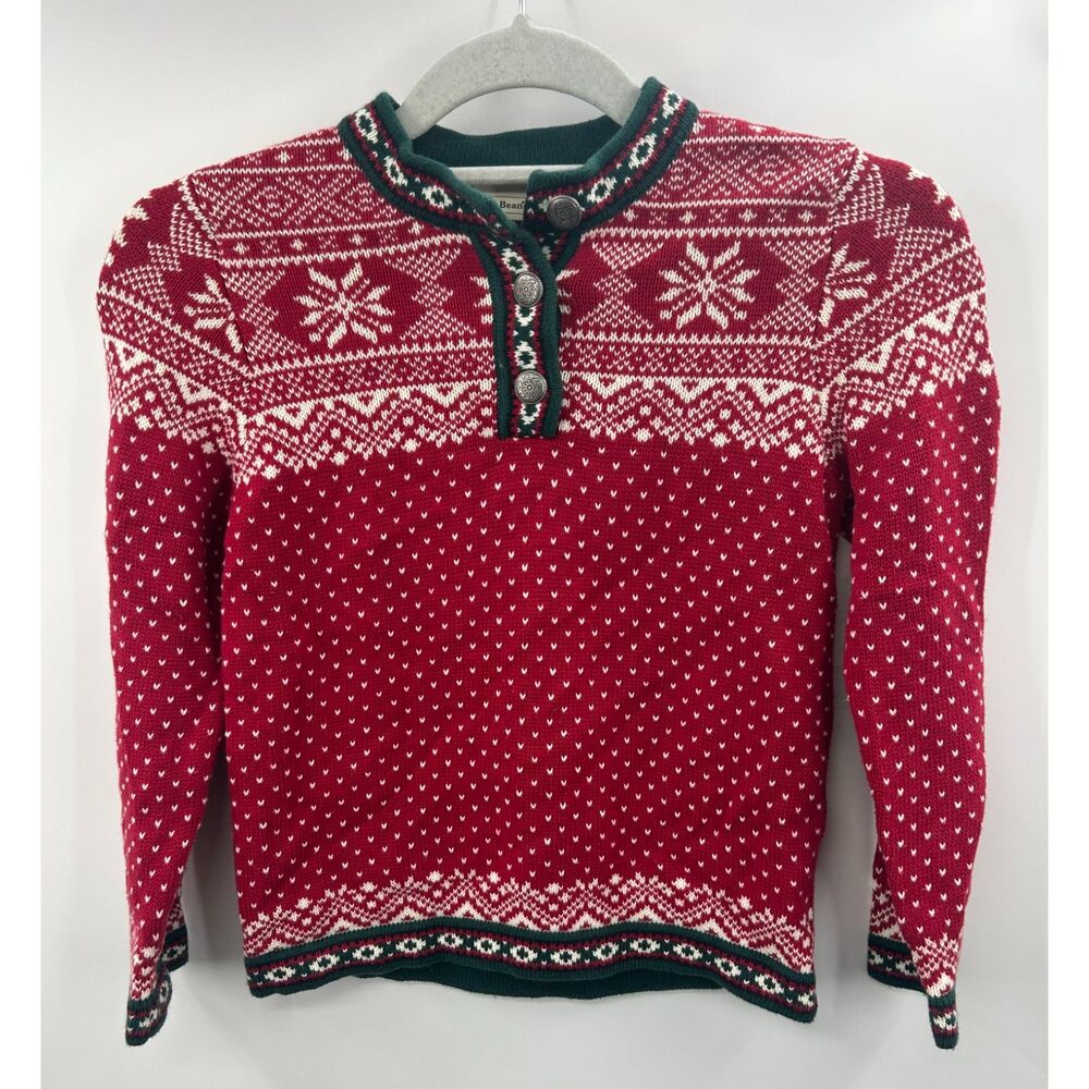 LL Bean Kids Knit Sweater Nordic Fair Isle Birdseye Henley Sweater Girls L 6/7